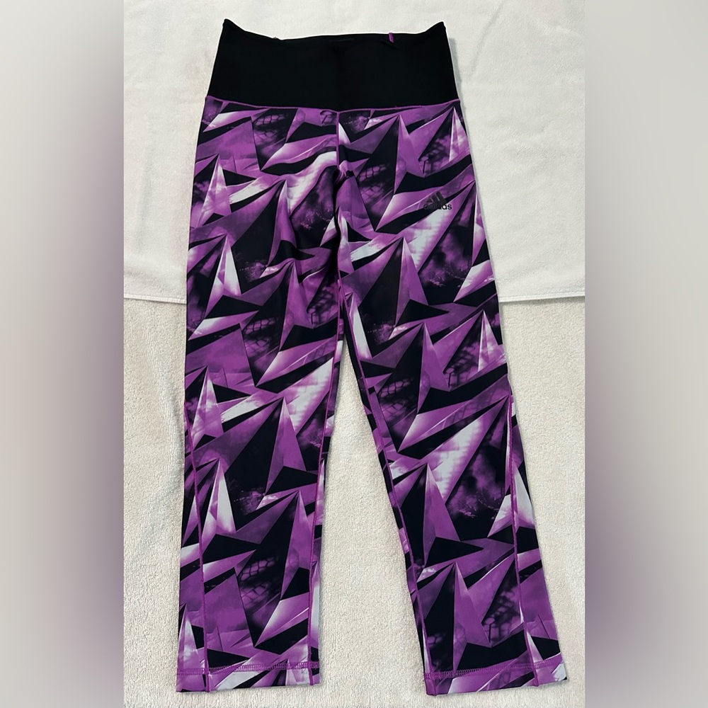 Adidas Climalite Capri Pants Purple Black Geometric Wide Waistband Yoga - Small